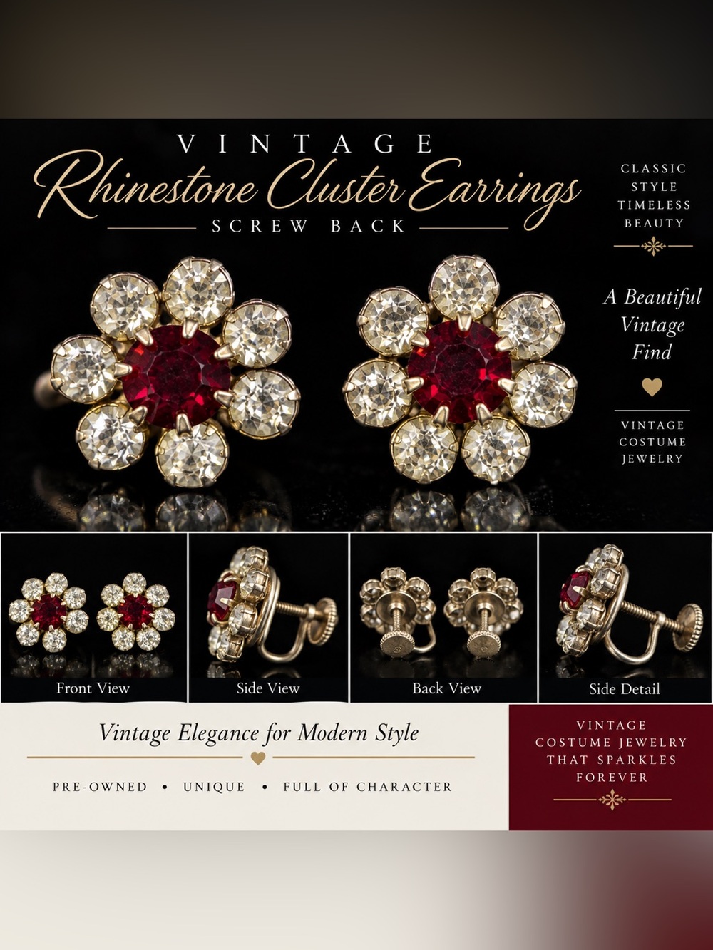 Vintage 1940s 50s Red & Clear Rhinestone Flower Screw Back Earrings